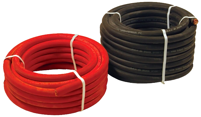 Two coils of bulk welding cable in black and red