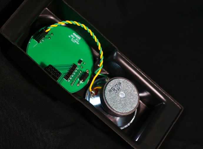 PCB-based alarm system with speaker housed in vacuum moulded plastic case