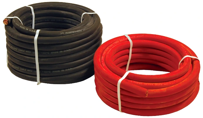 Two coils of bulk welding cable in black and red