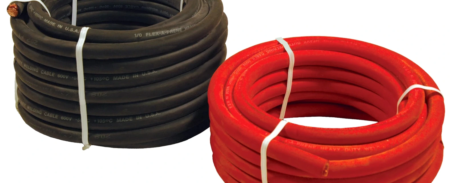 Two coils of bulk welding cable in black and red