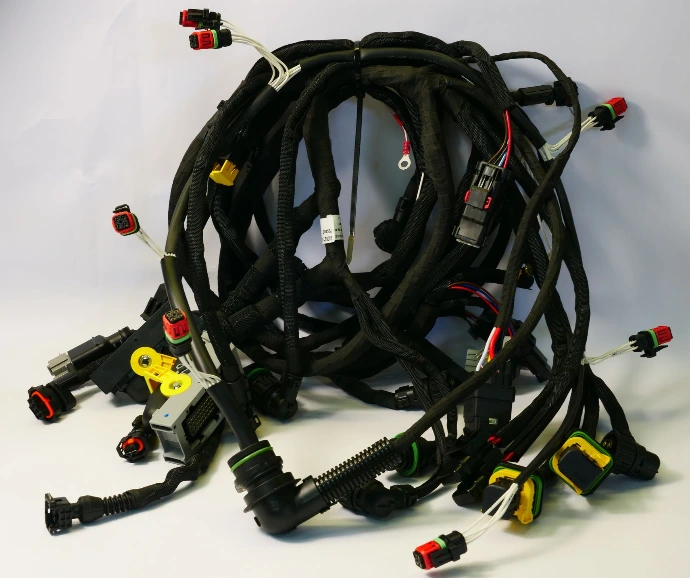 A complex wiring harness: several bound wires, each with different connectors and components attached.