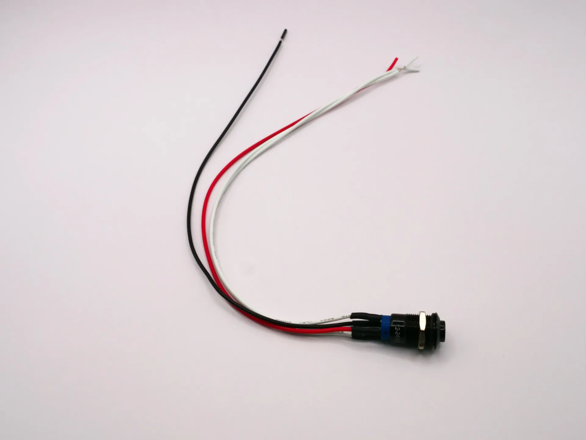 Latching 12mm convex push switch with LED 12/24VDC prewired (white wires and +VE LED RED & -VE LED BLACK 250mm